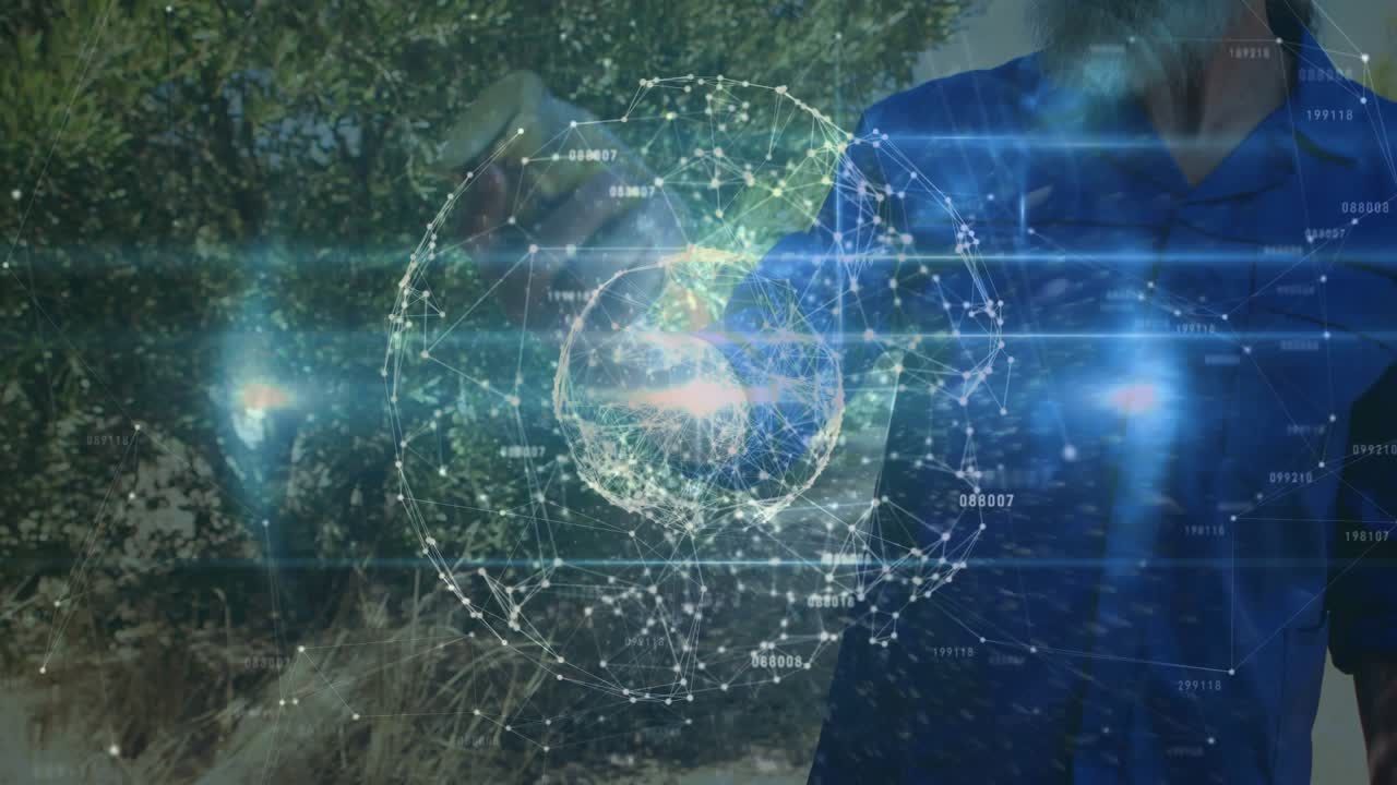 Man raising hand, rotating hologram globe, framing nodes in tech demo, aligning device capturing AR