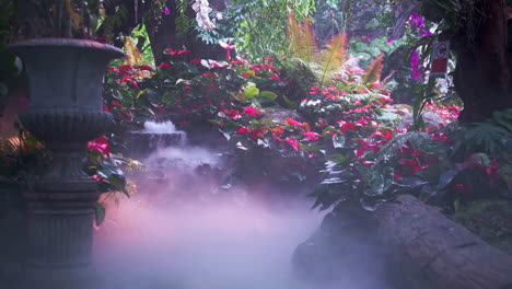 jardín encantador con flores en flor y fuente burbujeante en la niebla