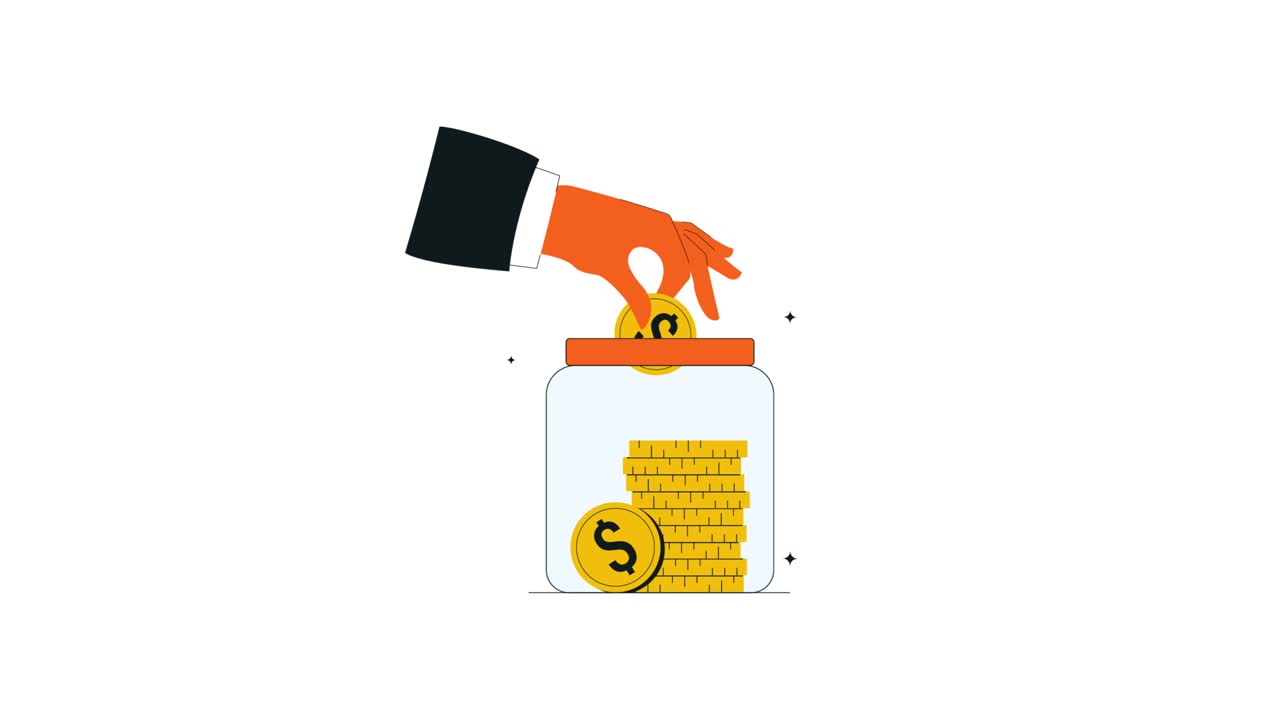 Animated Hand Depositing Coins into a Savings Jar