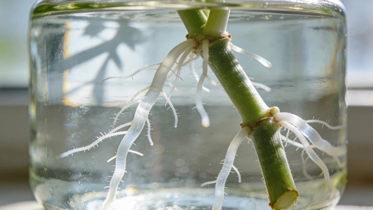 Showing stem forming white roots in jar of water on windowsill for rooting with light shifting