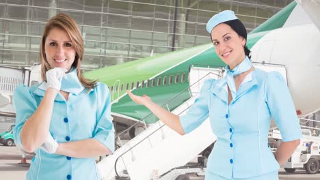 animación de felices azafatas caucásicas sobre el avión