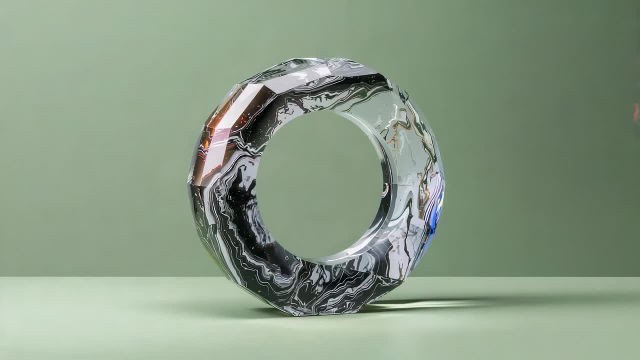 Starting rotation moving torus revealing marbled pattern on green table with particles for display