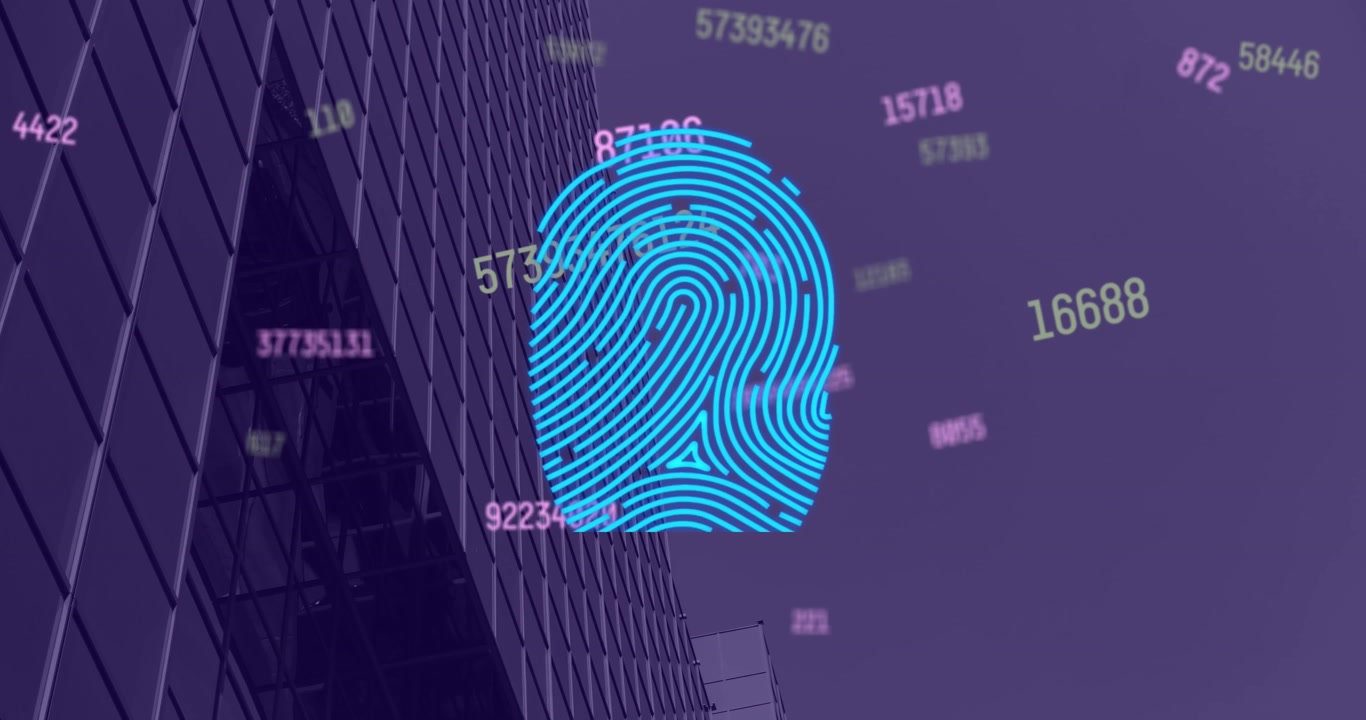 Animation of fingerprint and data processing over cityscape
