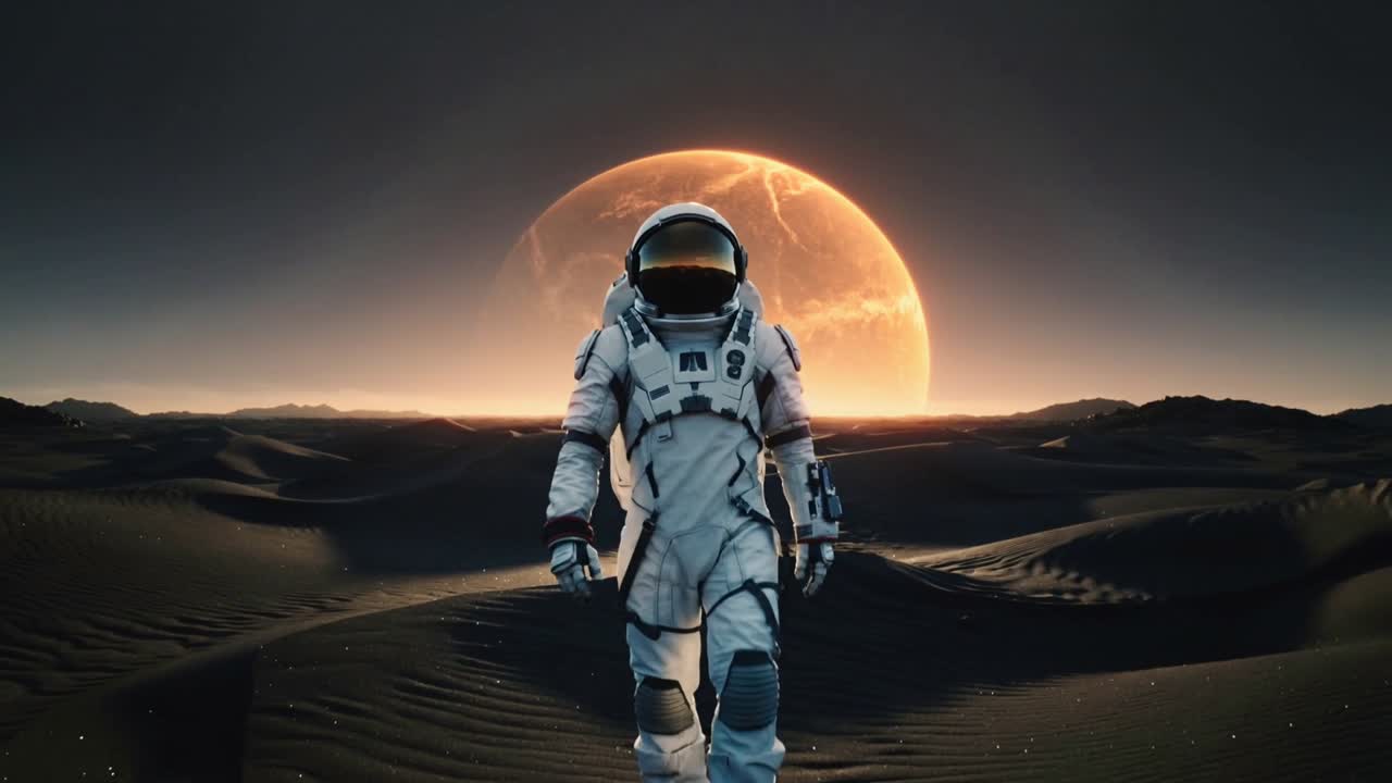 Billedet starter, en gående astronaut nærmer sig kameraet over mørke klitter, en orange planet oplyser visiret