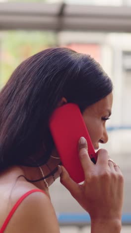 woman smiling and laughing during a phone call on a red smartphone
