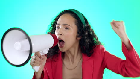 megaphone, screaming and angry woman in studio