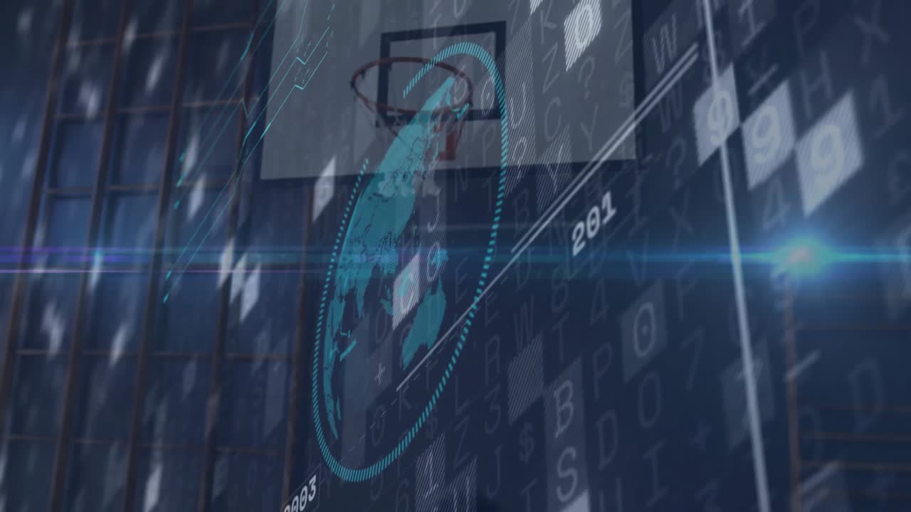 two men dribbling ball near hoop in gym activating timeline overlay for sports analytics by dunking