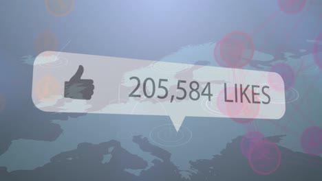 Animation-of-social-media-thumbs-up-icon-and-numbers-over-world-map