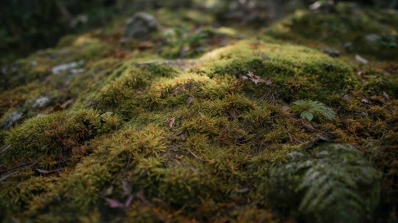 Svelare la texture su un cumulo coperto di muschio sul suolo della foresta, la camera si muove lentamente e la brezza solleva il polline