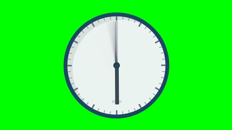 Appearance of a flat design clock face and movement of the hands with motion blur on green background