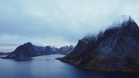 picturesque drone view of scenic fjord under gloomy sky