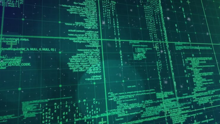 Green coding and data processing animation over digital grid background