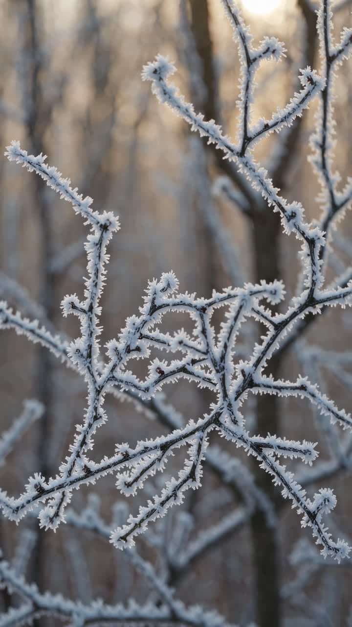 Close-up shot of frost-covered branches, capturing intricate details