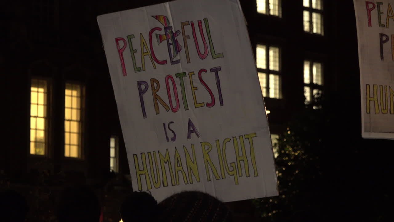 A colourful handmade protest placard being held up during a nighttime demonstration reads, “Peaceful protest is a human right.”