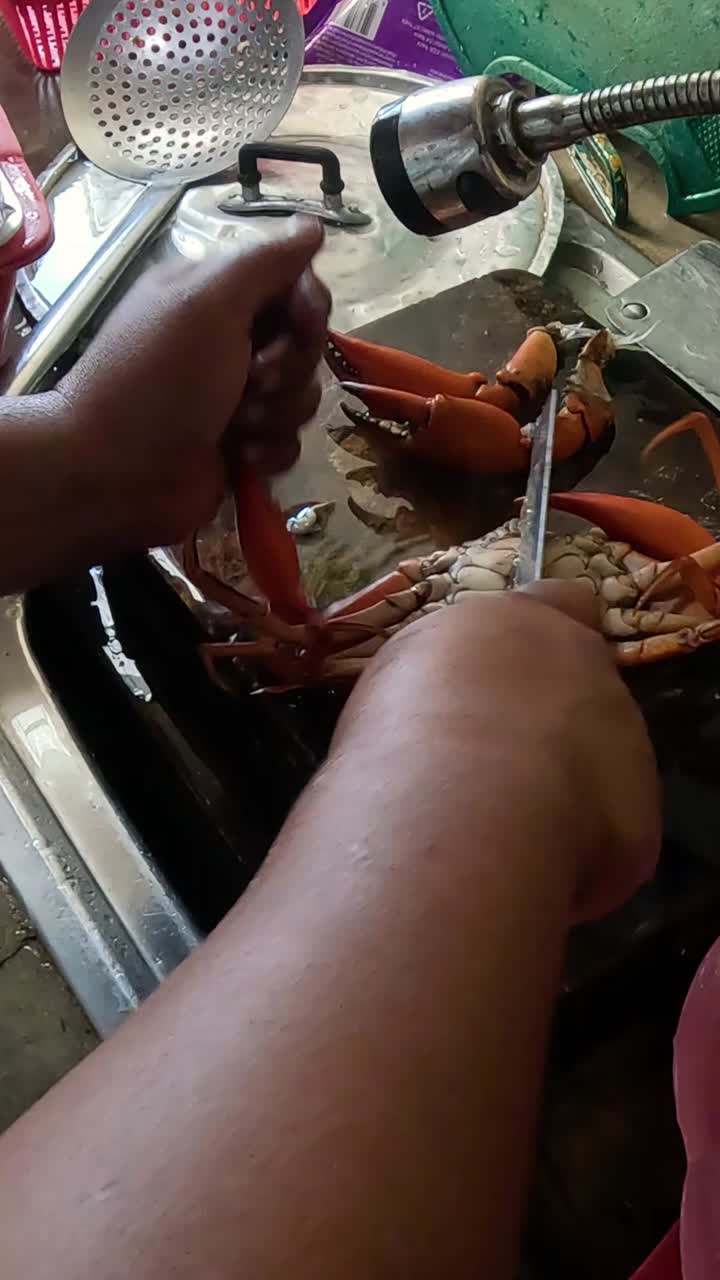 Person cleaning and preparing crabs in a sink