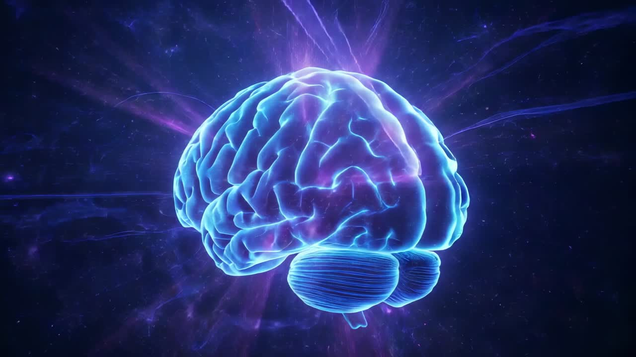 Emerging 3D brain model turning 3 or 4 toward viewer in cosmic void, with pulsing purple filaments