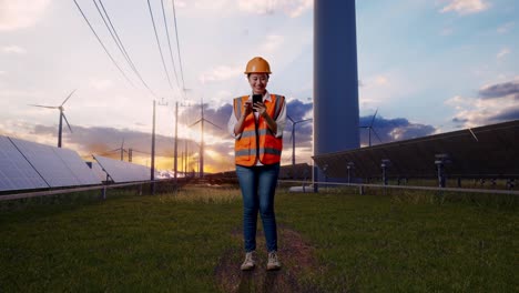 full body of asian female engineer with safety helmet using smartphone with solar panel and wind turbines