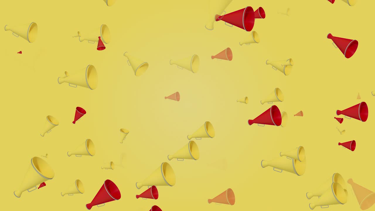 animación de megáfono volador en bucle abstracto de 4k, fondo amarillo