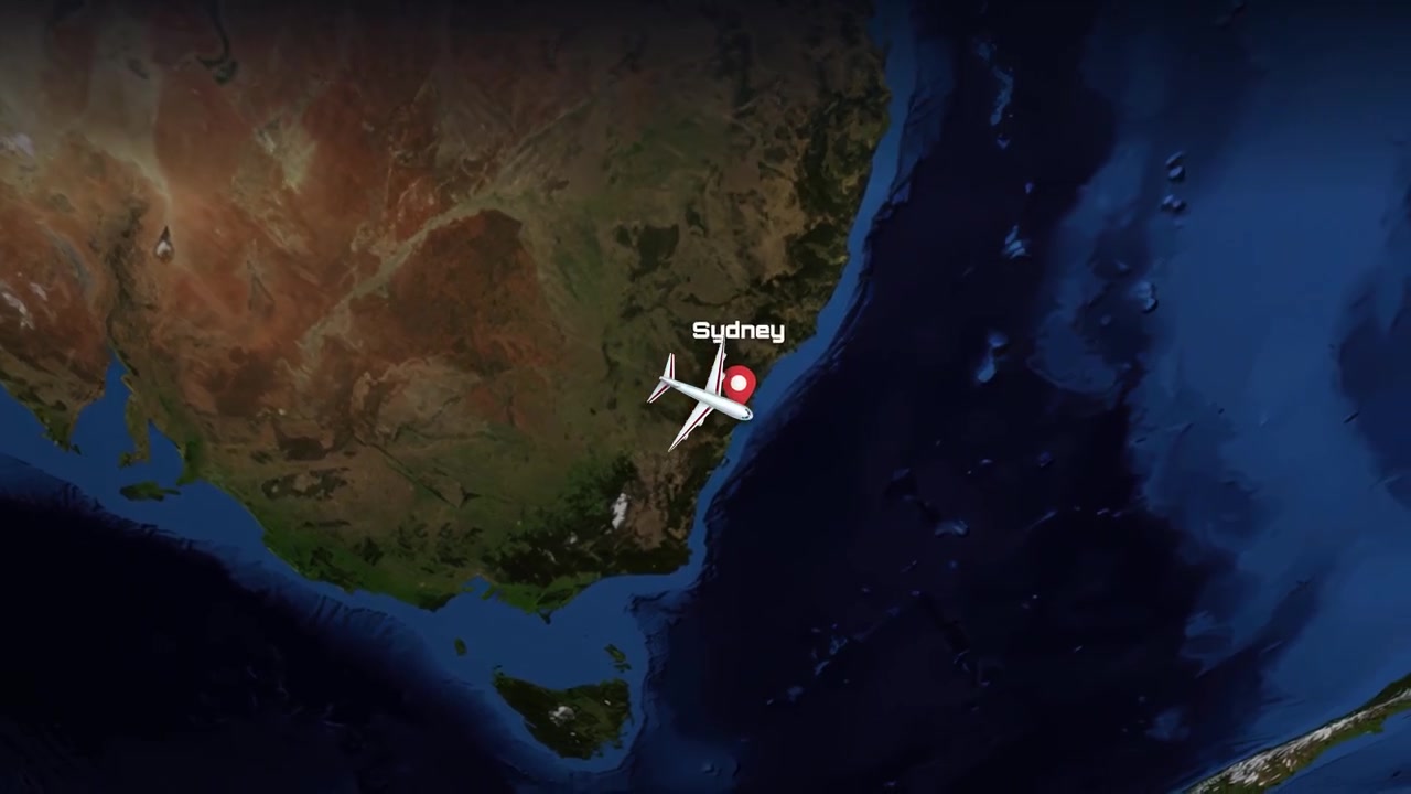 Satellite view animation follows a commercial airplane flying from Madrid, Spain to Sydney, Australia