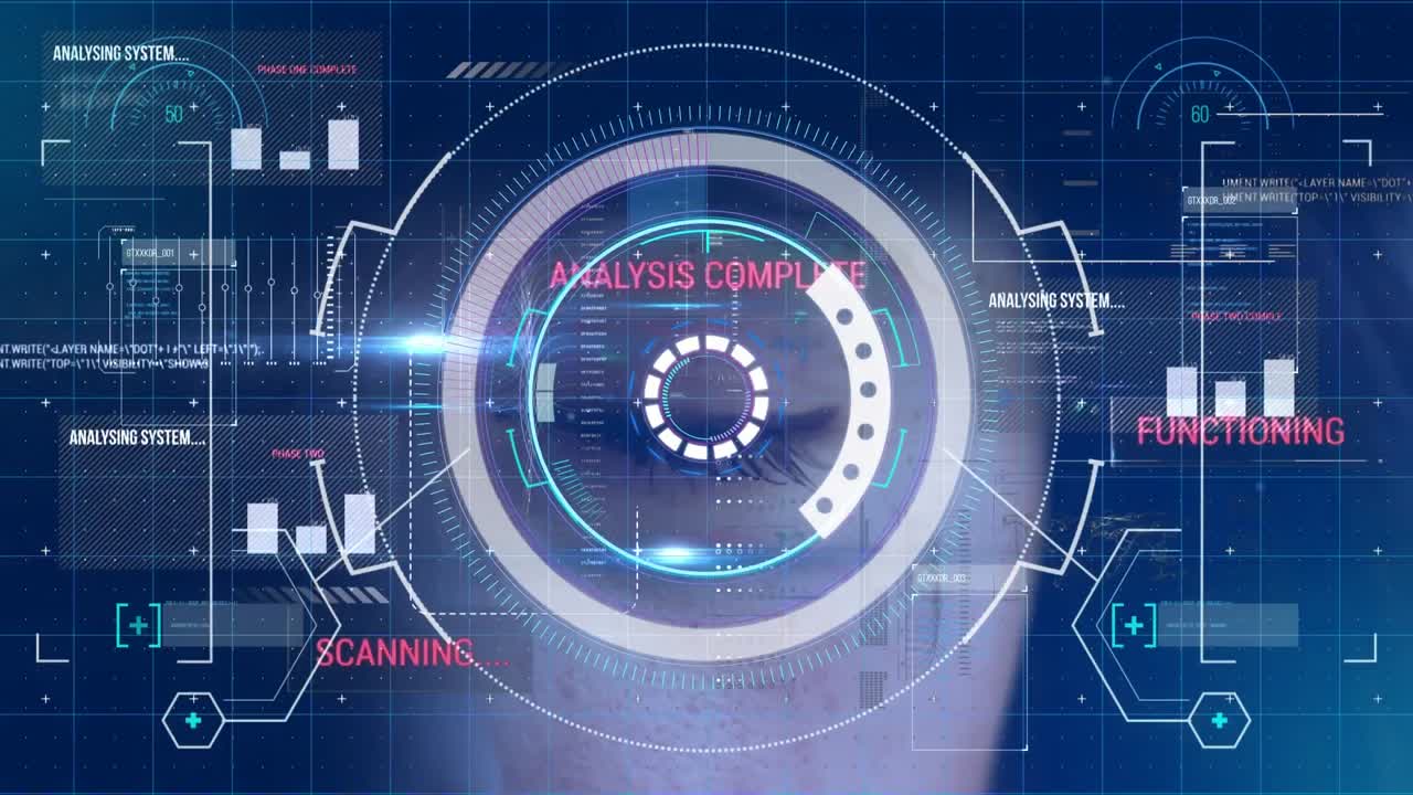 Animation of scope scanning and data processing and analysing on computer screen over woman's eye