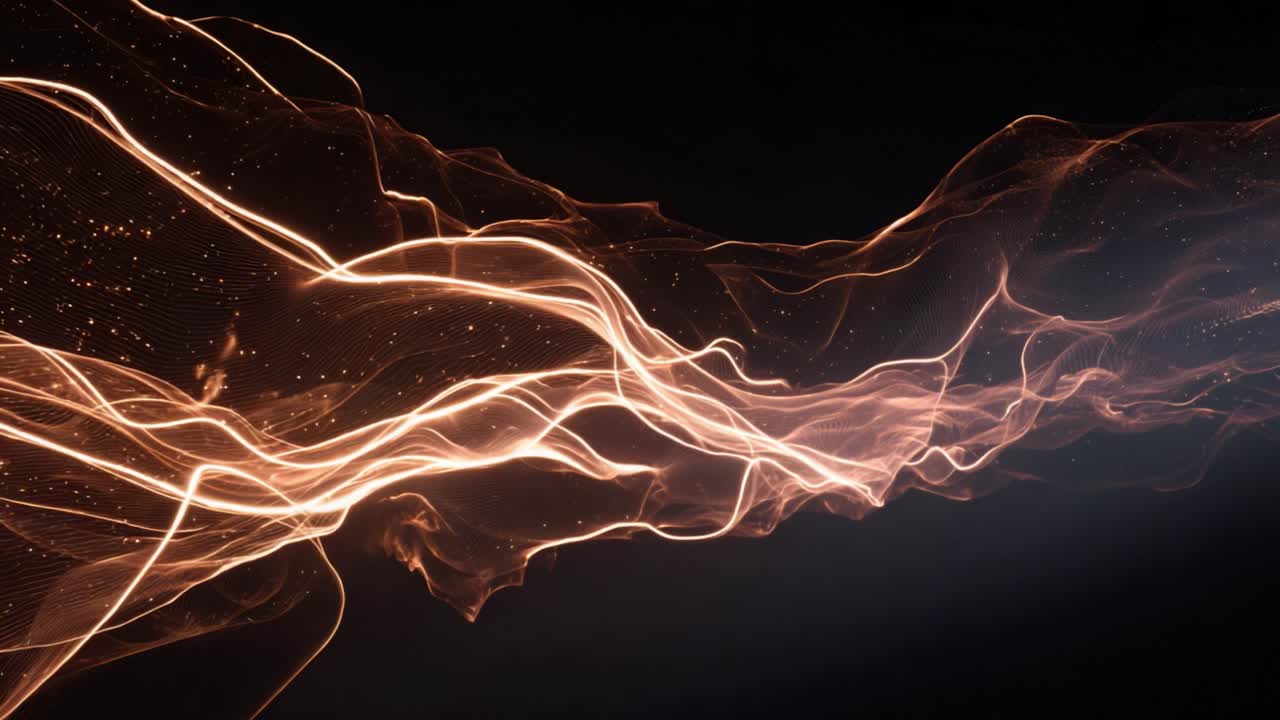 Luminous golden lines and sparkling particles forming an elegant, abstract wave structure flowing smoothly across a dark background, creating a dynamic and sophisticated visual effect