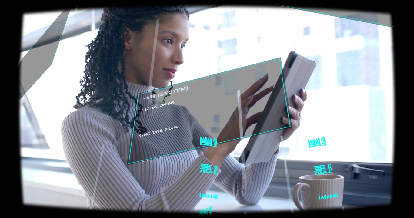 Woman lifting tablet and tapping, AR panels appearing around tablet while monitoring tech system