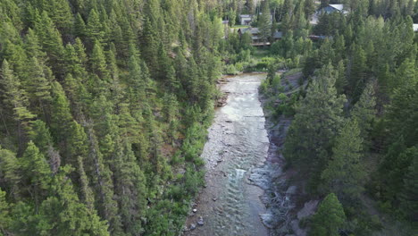 Immergrüner-Waldfluss-Mit-Hütten,-Die-Durch-Den-Wald-Ragen-–-Drohnenaufnahmen