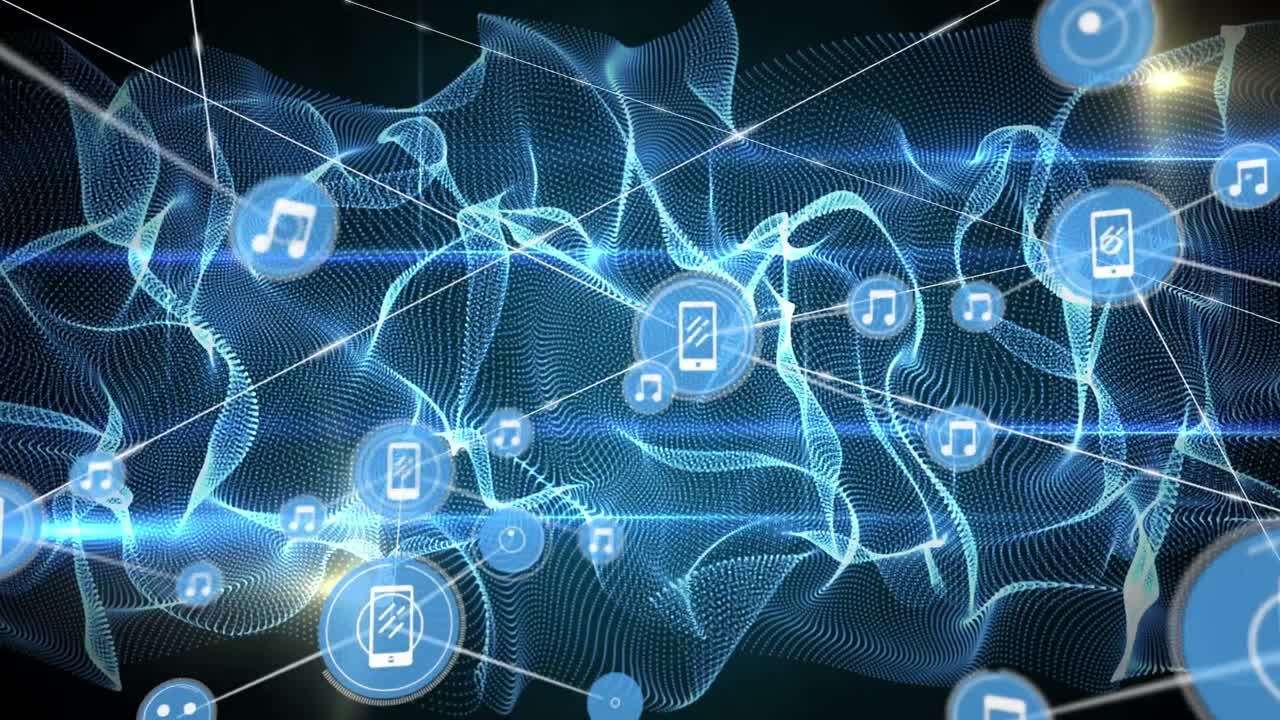 animación de iconos de medios y red de conexiones sobre formas azules
