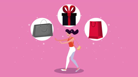 mujer de compras con regalos y bolsas