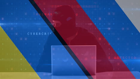 animación de un hacker caucásico sobre la bandera de rusia y ucrania