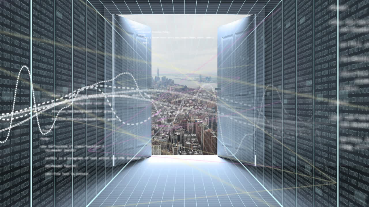 도시 풍경 위의 금융 데이터 처리 애니메이션