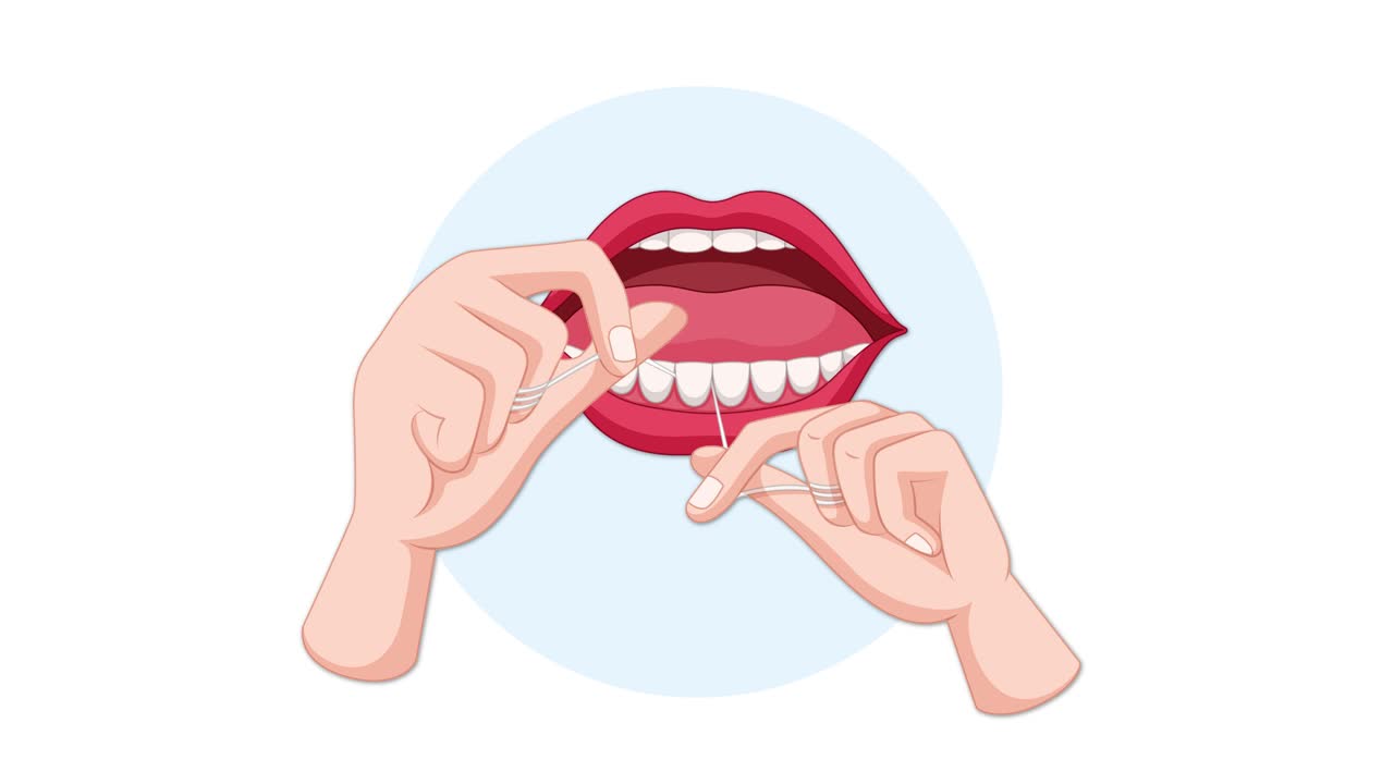 Vector animation illustrates hands using dental floss between upper teeth, with smooth, repetitive hand movements and clean, minimal background for educational clarity