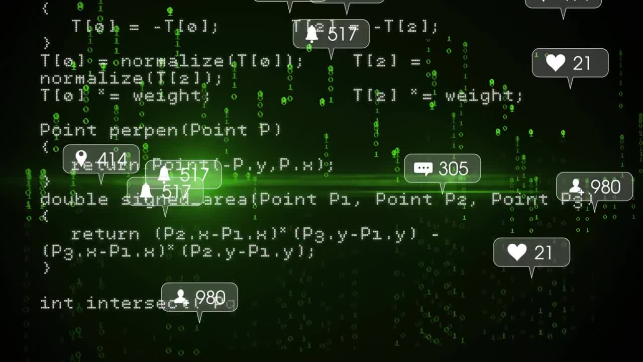 소셜 미디어 아이콘과 숫자의 애니메이션, 바이너리 코딩 및 데이터 처리