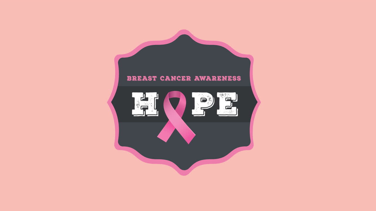 Animazione di un logo a nastro rosa e del testo 'cancro' che appaiono su sfondo rosa.