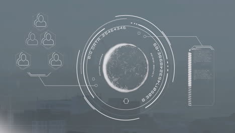 animation of digital globe and user icons over futuristic cityscape interface