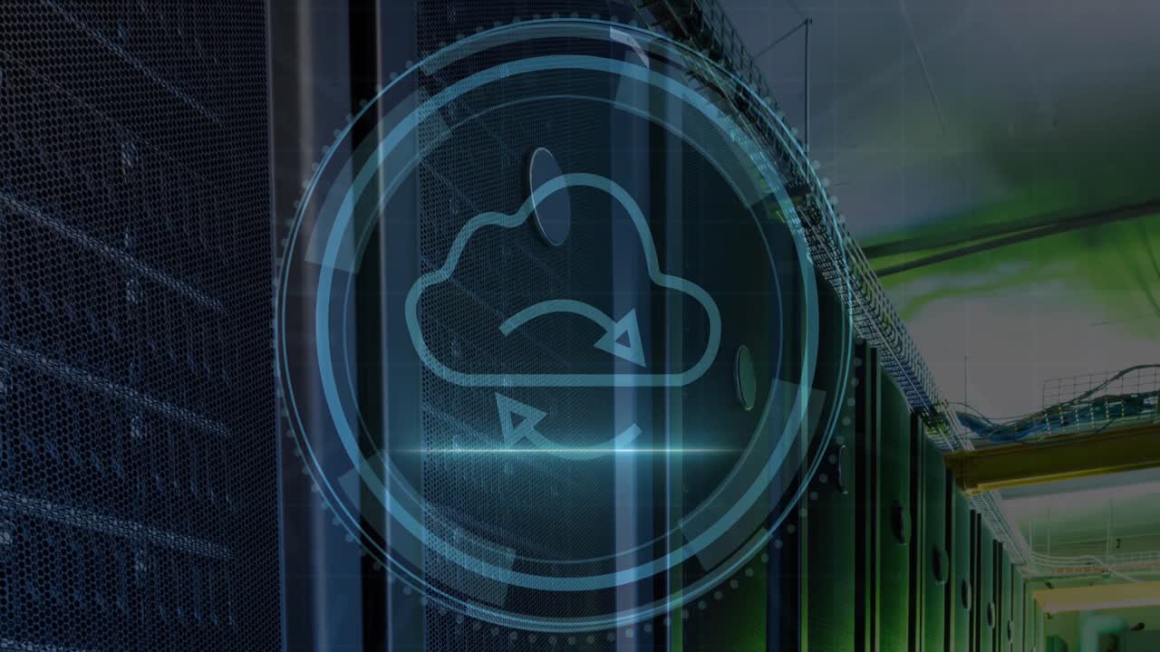 비어있는 컴퓨터 서버 방에 대한 라운드 스캐너를 통해 사이버 보안 텍스트