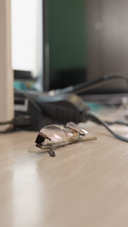 una vista de cerca de una mano derecha con un guante negro alcanzando sus gafas en un escritorio de madera en un entorno de laboratorio, con alambre y otras herramientas electrónicas en la mesa