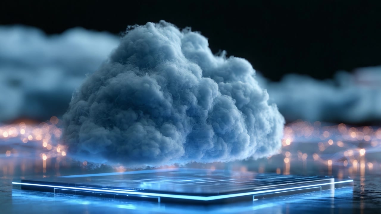 A Stunning Visual of a Floating Cloud Above a Futuristic Surface, Capturing the Essence of Fantasy and Technology in a Dazzling Display of Light and Texture.
