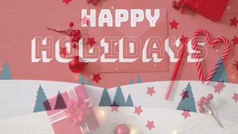 Animation-of-happy-holidays-text-over-winter-landscape-and-christmas-decorations