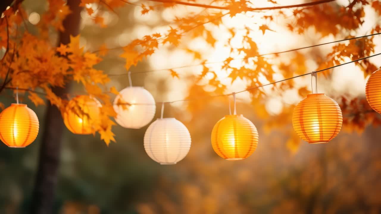 Warm, autumn-themed video concept with paper lanterns hanging among fall leaves