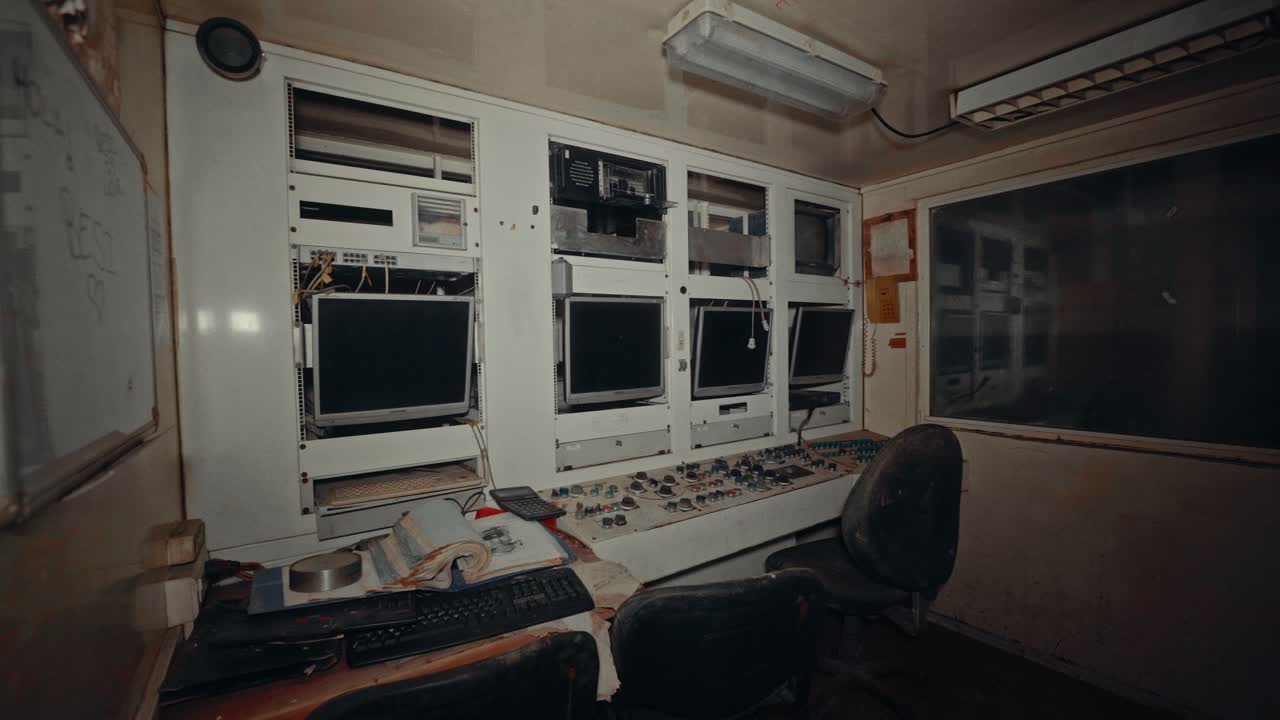 Abandoned Control Room with Obsolete Monitors and Industrial Equipment