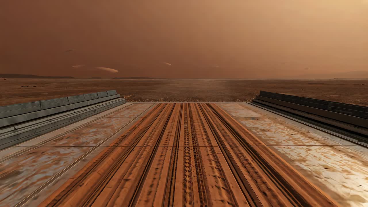 Viewpoint shifting forward to reveal metal cargo ramp over barren plain, with tire tracks and dust
