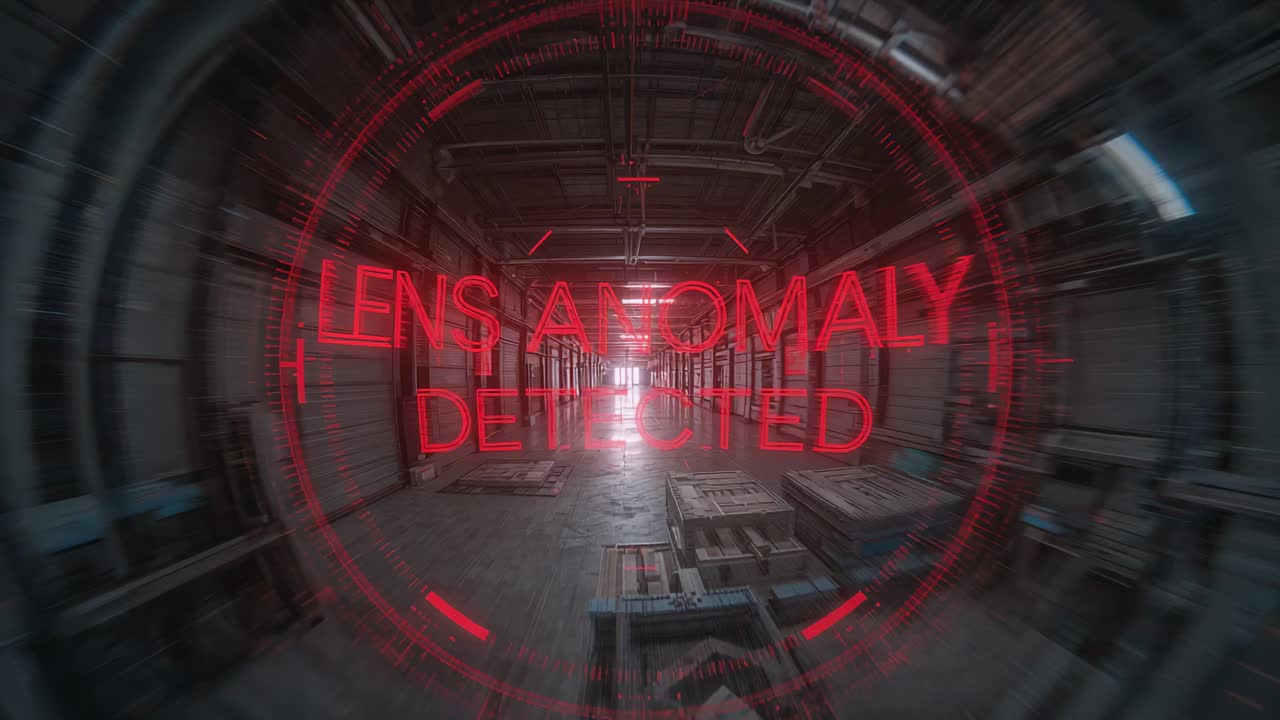 Visualizzazione di un avviso di anomalia dell'obiettivo, la telecamera alterna un HUD rosso per poi schiarirsi rivelando un corridoio rivestito di pallet.