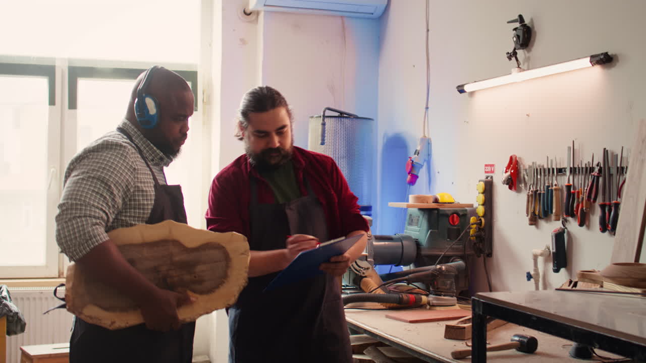 Manufacturer and apprentice reading furniture assembly schematics in studio