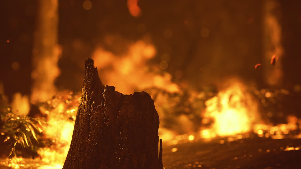 Wildfire engulfing forest at dusk with glowing flames and charred stump