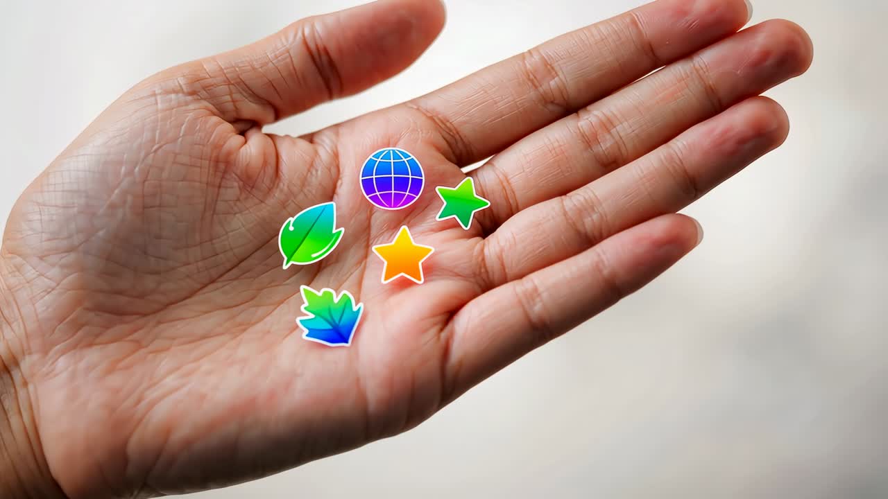 Extending hand tilting inward, upward at neutral backdrop with drifting globe stars and leaf icons