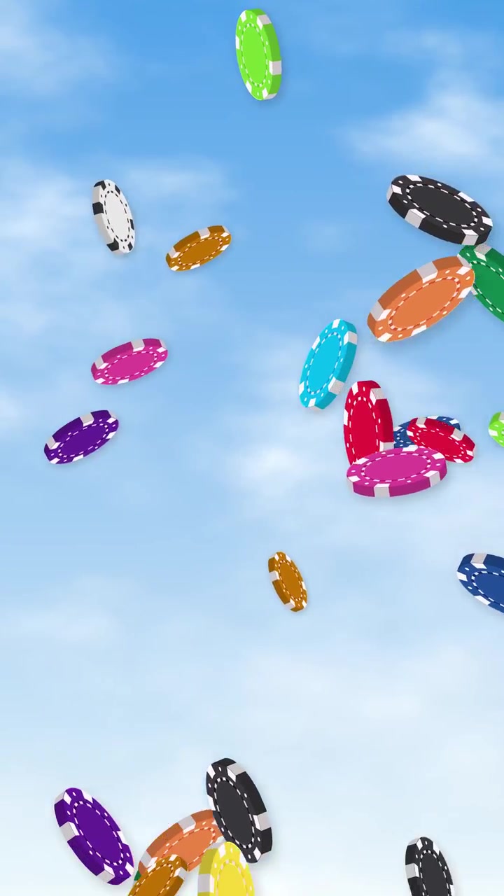Multi-colored poker chips rain down against a bright blue sky background with soft clouds.