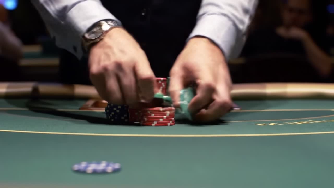 Intense Poker Game: A Close-Up of Skillful Hands Strategically Stacking Poker Chips on a Green Felt Table in a Bustling Casino Atmosphere