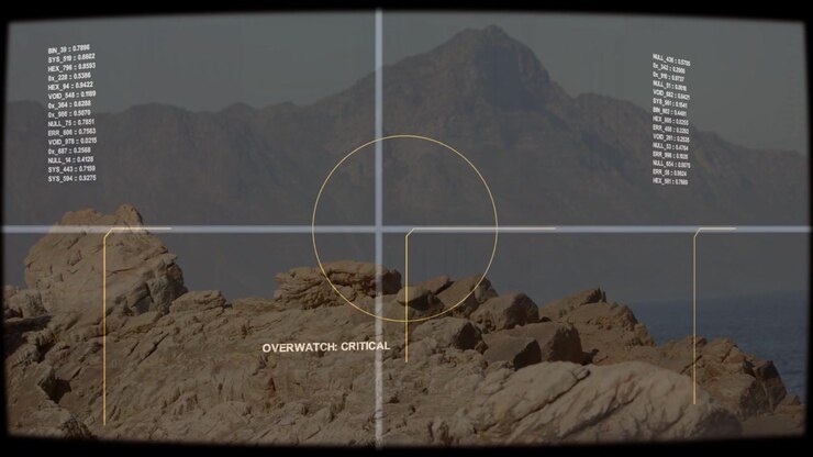 Rocky outcrop staying still while military HUD pulsing reticle shifting flagging OVERWATCH CRITICAL