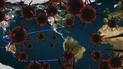 animation of brown corona virus with world map in background